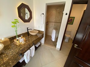 Hair dryer, towels, soap, toilet paper