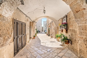 Une ruelle étroite, pavée de pierres, avec des voûtes, des plantes en pot et une vue sur le paysage lointain.