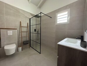 Shower, hair dryer, towels, toilet paper