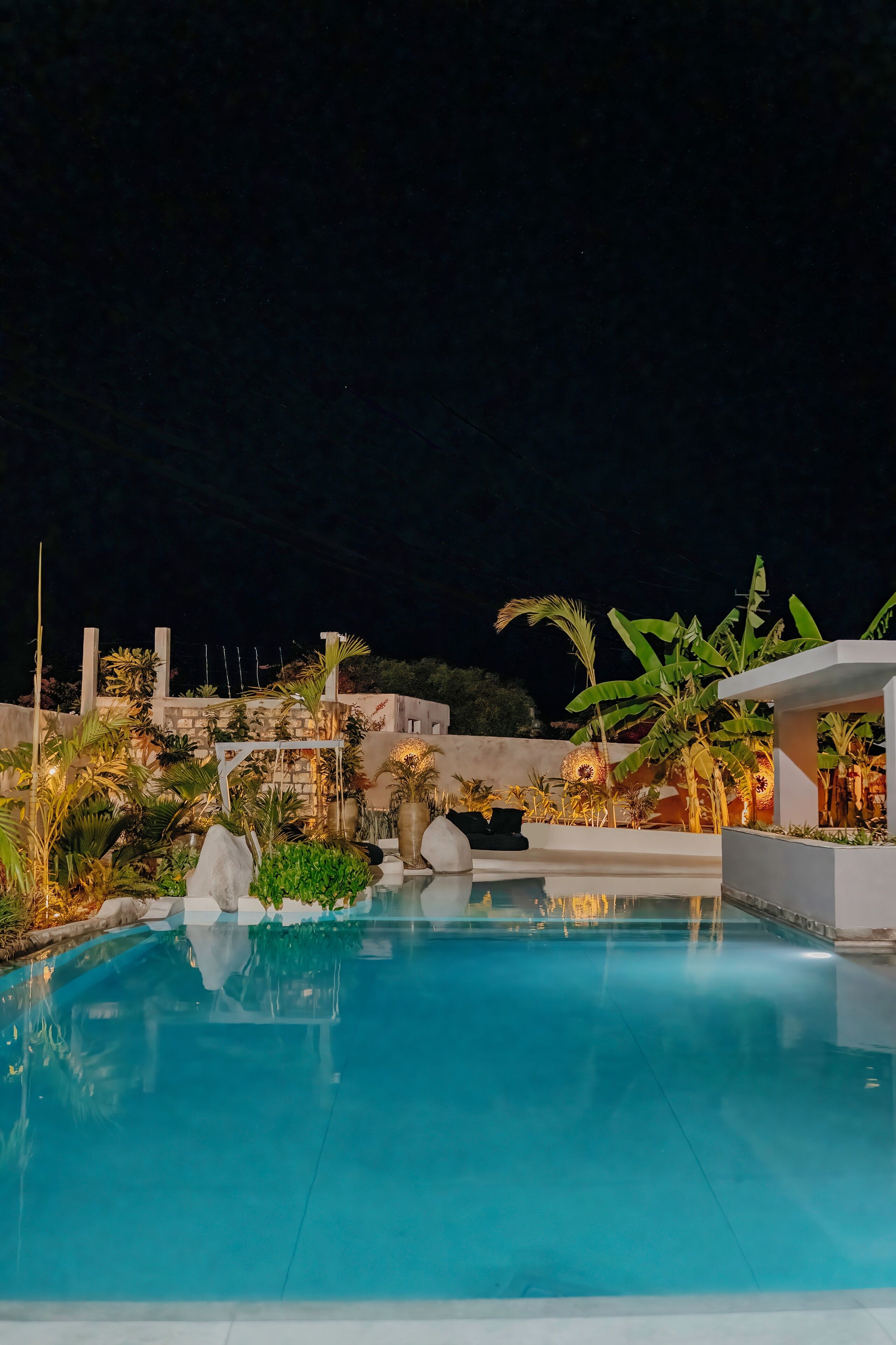 A nighttime pool area with a clear pool, surrounding plants, and a stone wall.