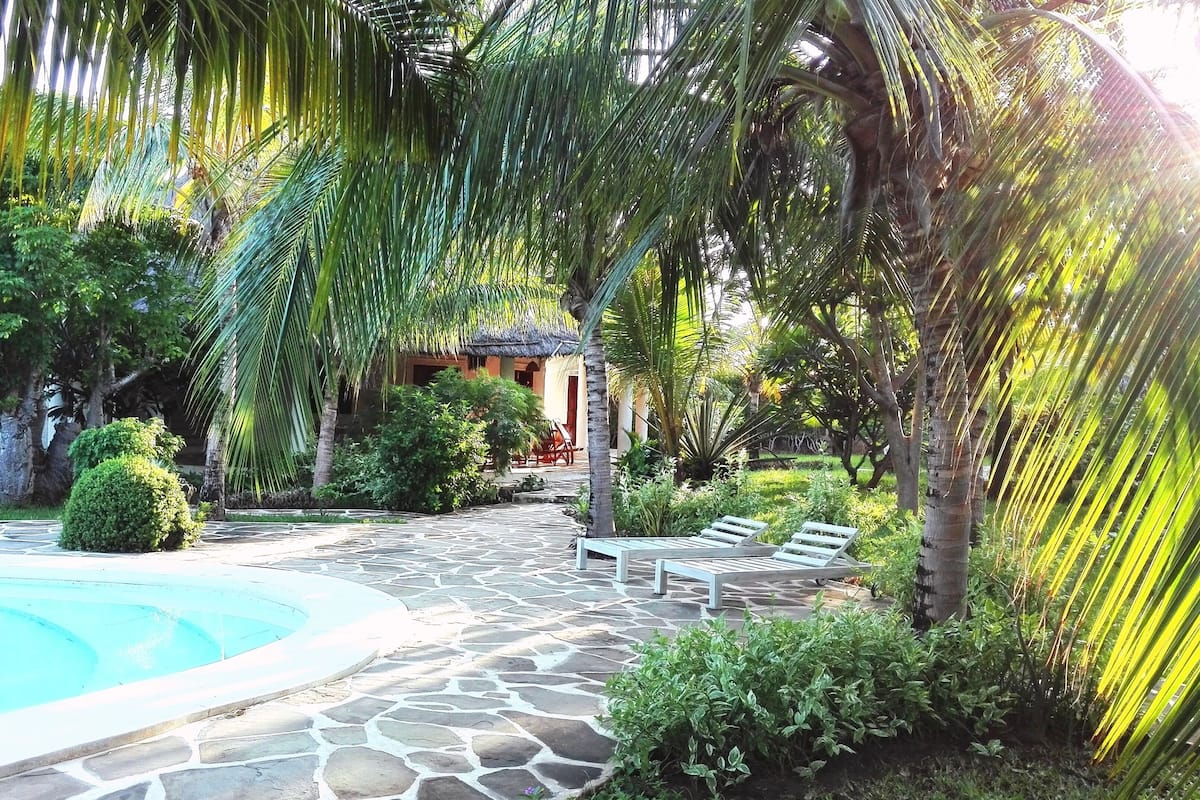 A stone-paved pool area with lounge chairs, surrounded by lush greenery and palm trees.