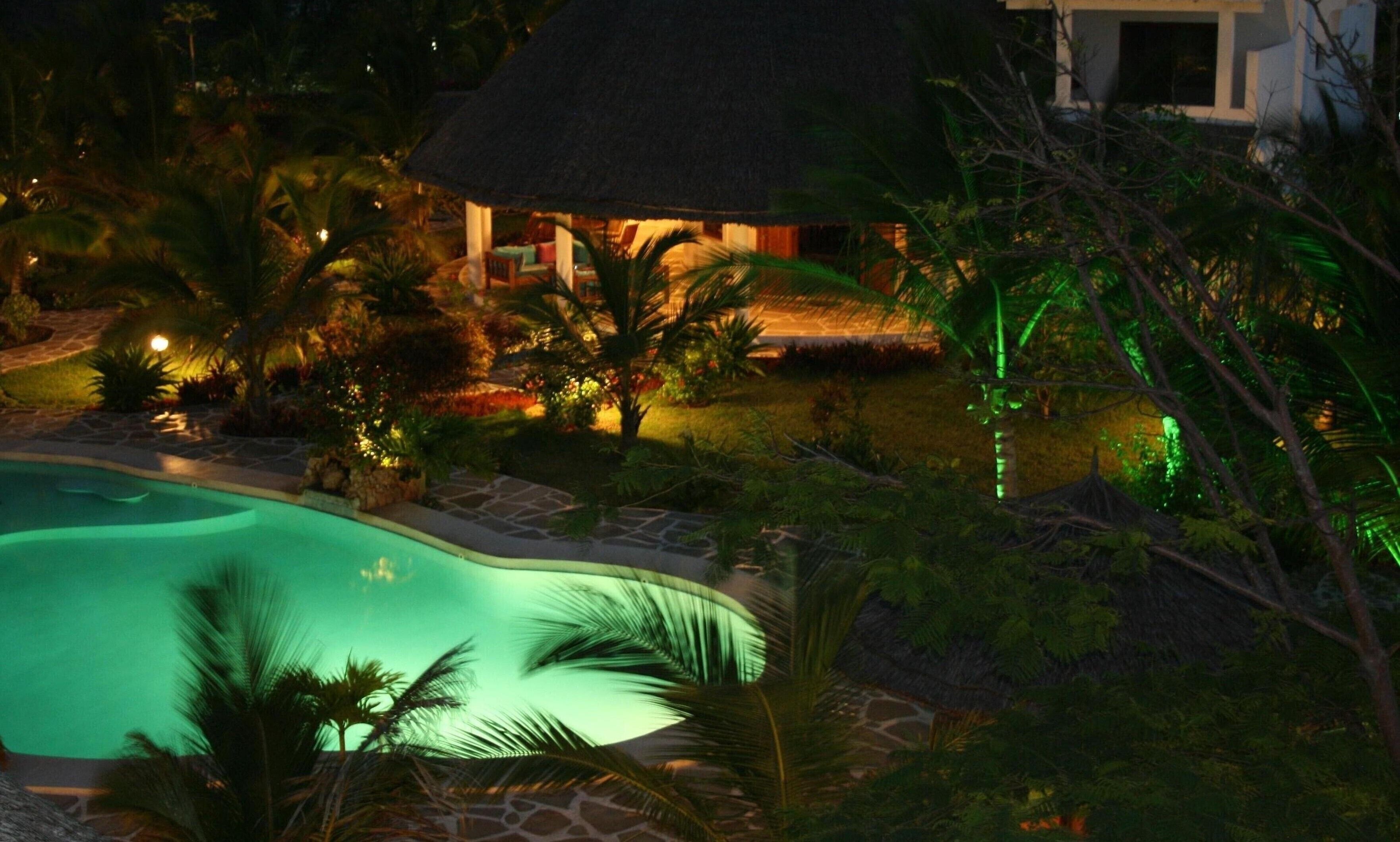 A pool area with a thatched-roof structure and palm trees.