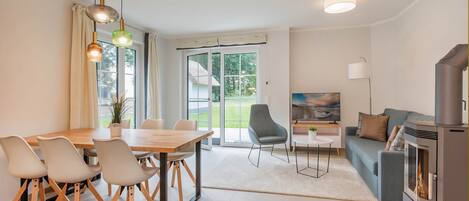 Télévision, cheminée, livres, chaîne hi-fi