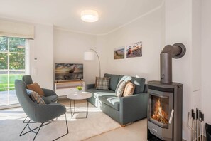 TV, fireplace, books, stereo