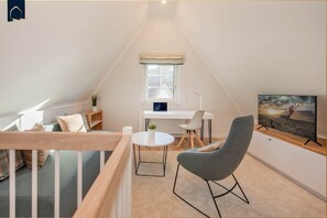 TV, fireplace, books, stereo