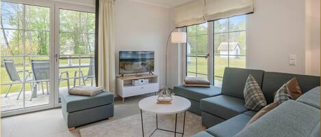 Télévision, cheminée, table de tennis de table, livres