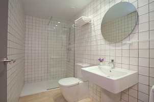 Ducha, secador de pelo, toallas y papel higiénico