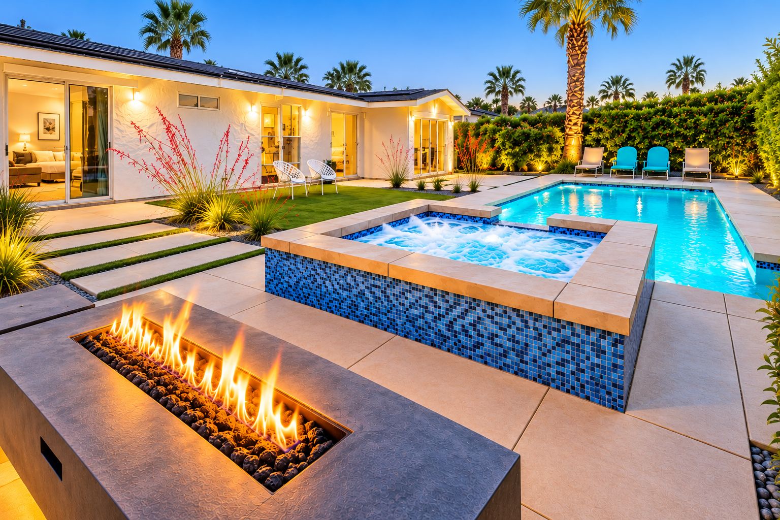 Un espace piscine extérieur moderne, doté d’un jacuzzi, d’un foyer et d’une pelouse bien entretenue.