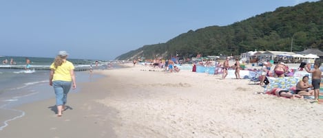 Una playa con gente, sombrillas y sillas de playa.
