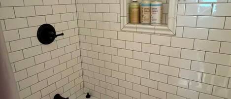 Hair dryer, towels, soap, toilet paper