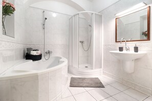 Hair dryer, towels, soap, shampoo