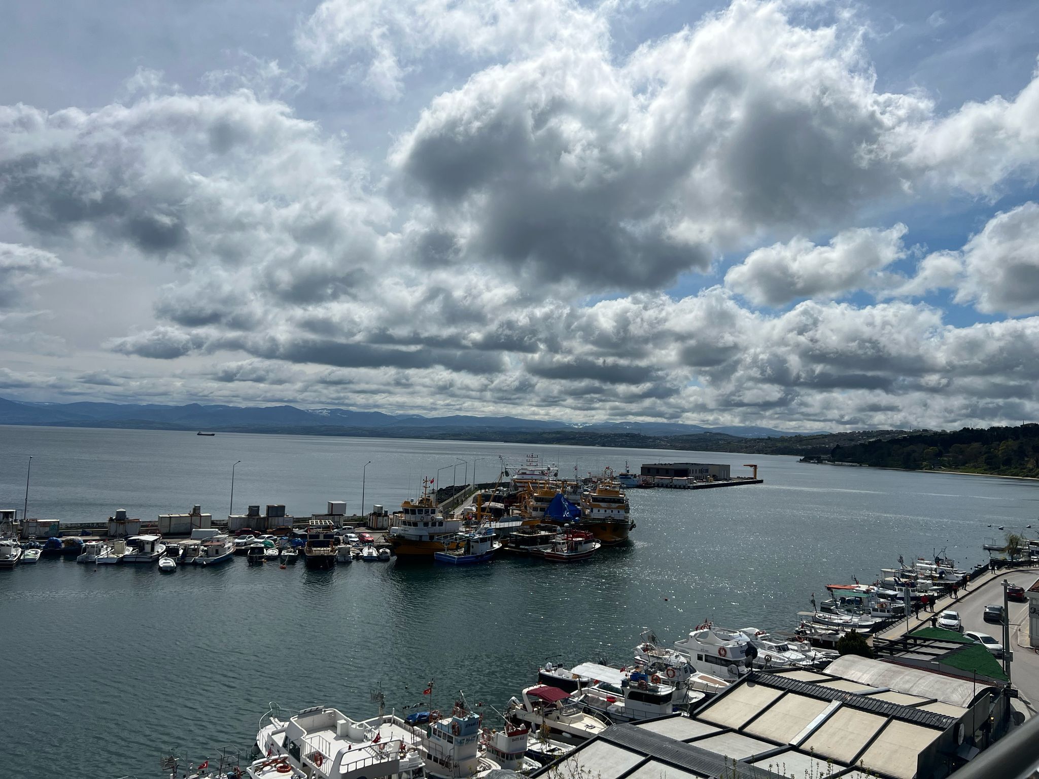 A marina with boats docked, a large ship, and a distant mountain range under a cloudy sky.