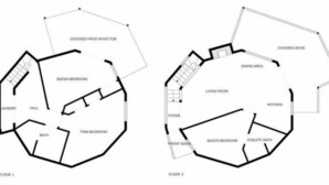 Plano de planta de una casa con porche cubierto, un dormitorio con cama queen, un dormitorio con camas individuales, lavadero, pasillo y baño en la planta baja, y una sala de estar, comedor, cocina, vestíbulo y baño privado en la segunda planta.