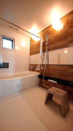 Hair dryer, bidet, towels, soap