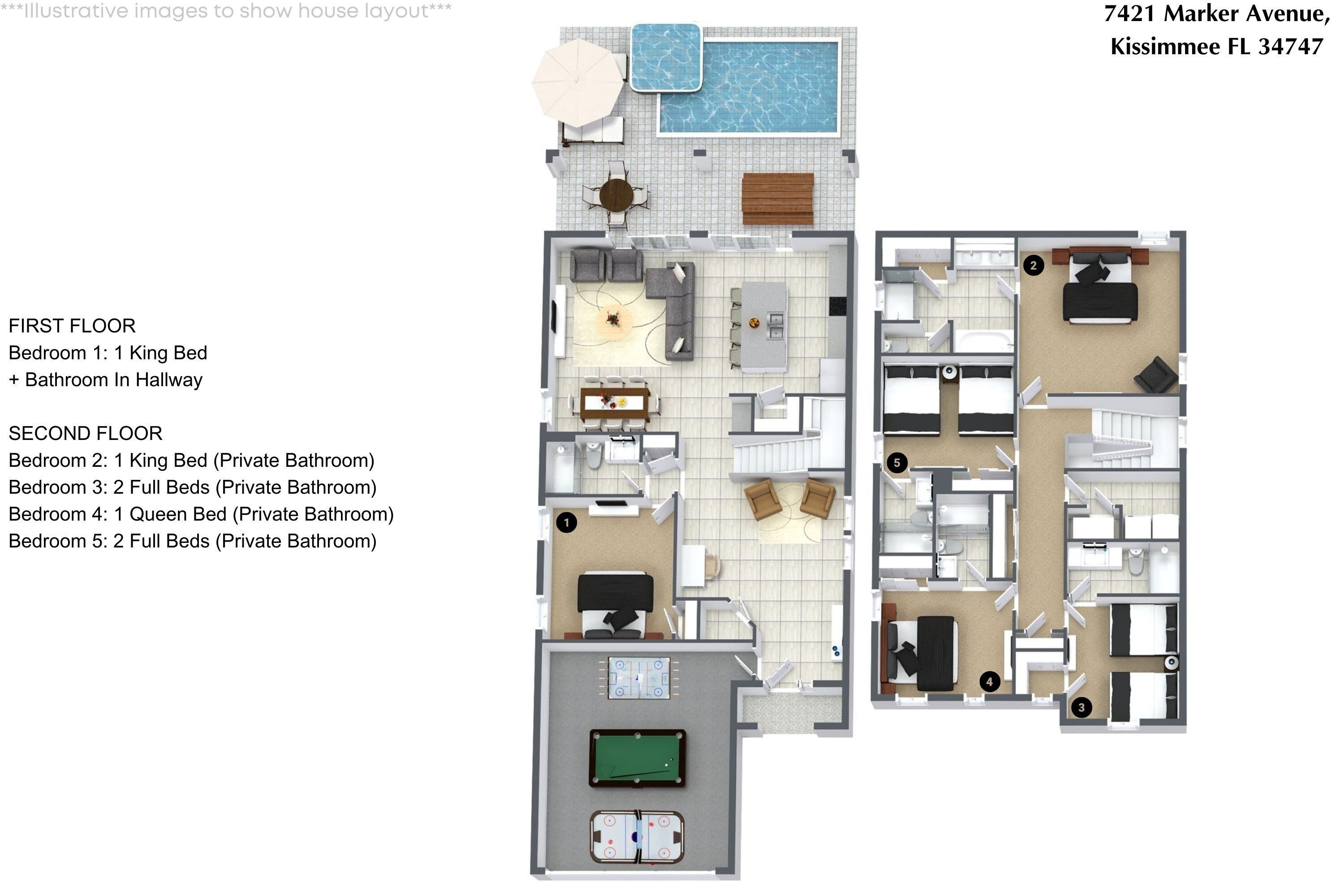 A 2-story house layout with 5 bedrooms, a private bathroom on each floor, a pool, and a tennis court.