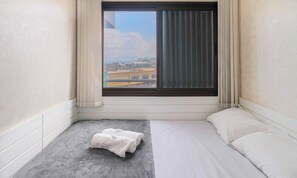 A hotel room with a bed, a small rug, a window with curtains, and a view of the cityscape.