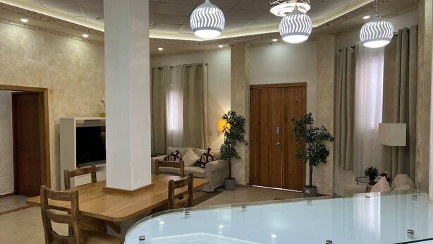 Una sala moderna con una mesa de comedor de vidrio, sillas de madera, un sofá y dos plantas en macetas.