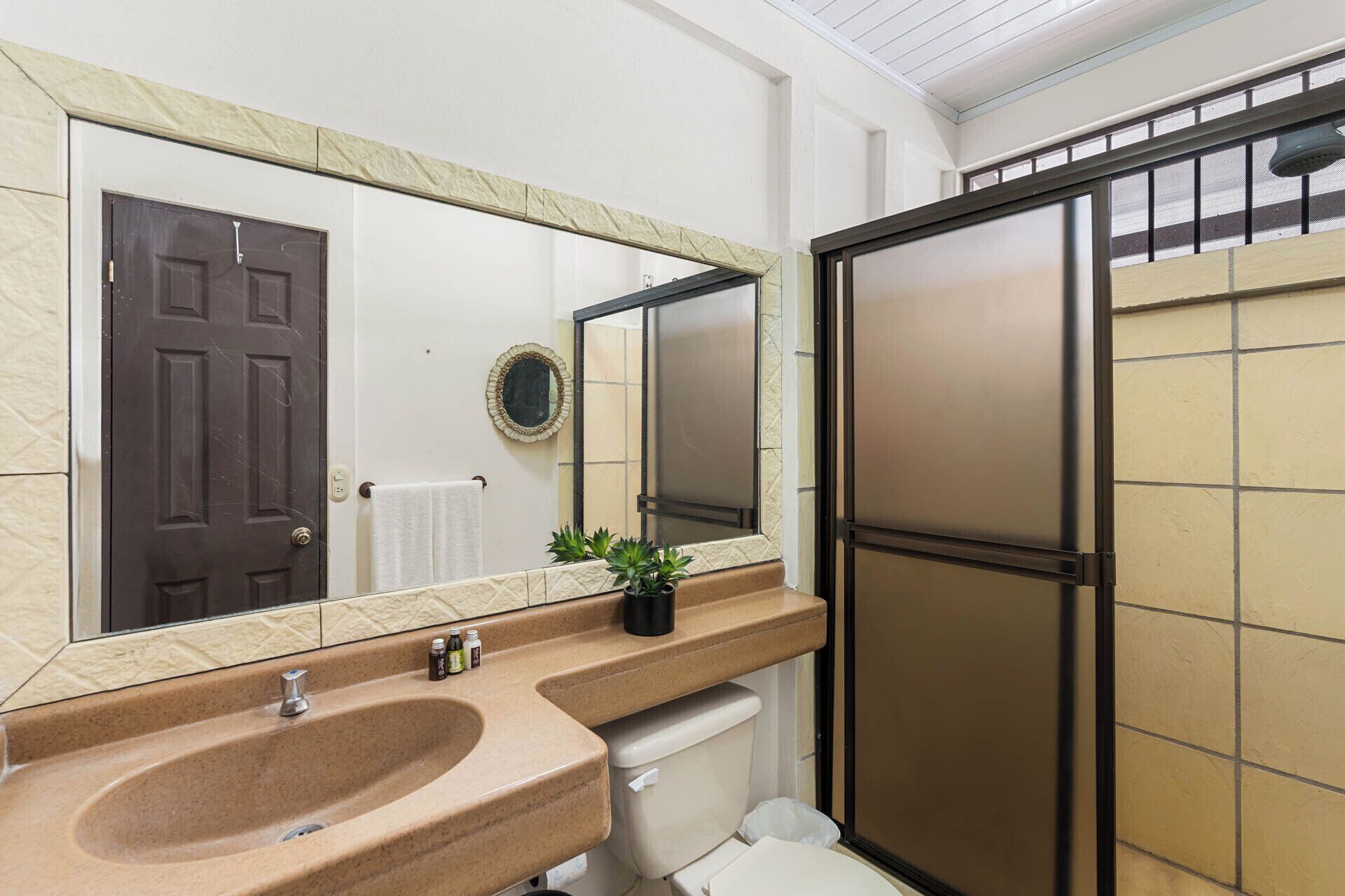 A bathroom with a beige sink, a mirror, a towel rack, a toilet, and a shower enclosure.