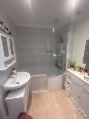 Hair dryer, towels, soap, toilet paper