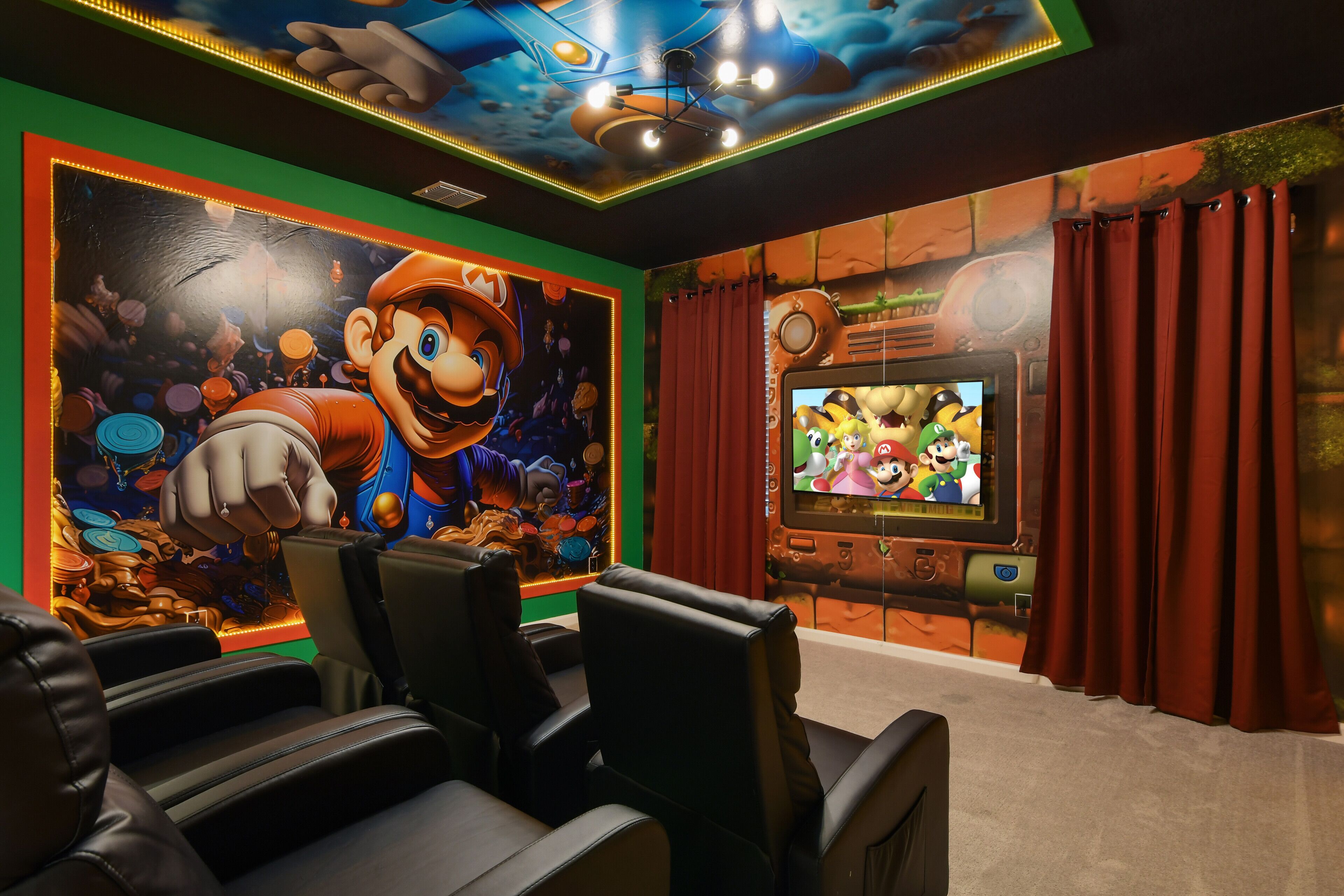 A home theater with a large Mario mural, comfortable seating, and a retro television.