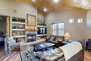 TV, fireplace, DVD player, books