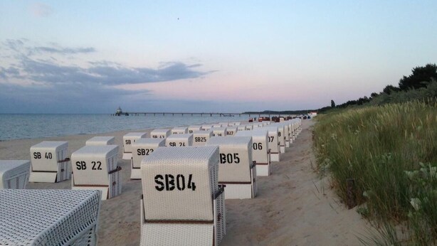Strandliegen mit Nummern, in Reihen auf dem Sand angeordnet.