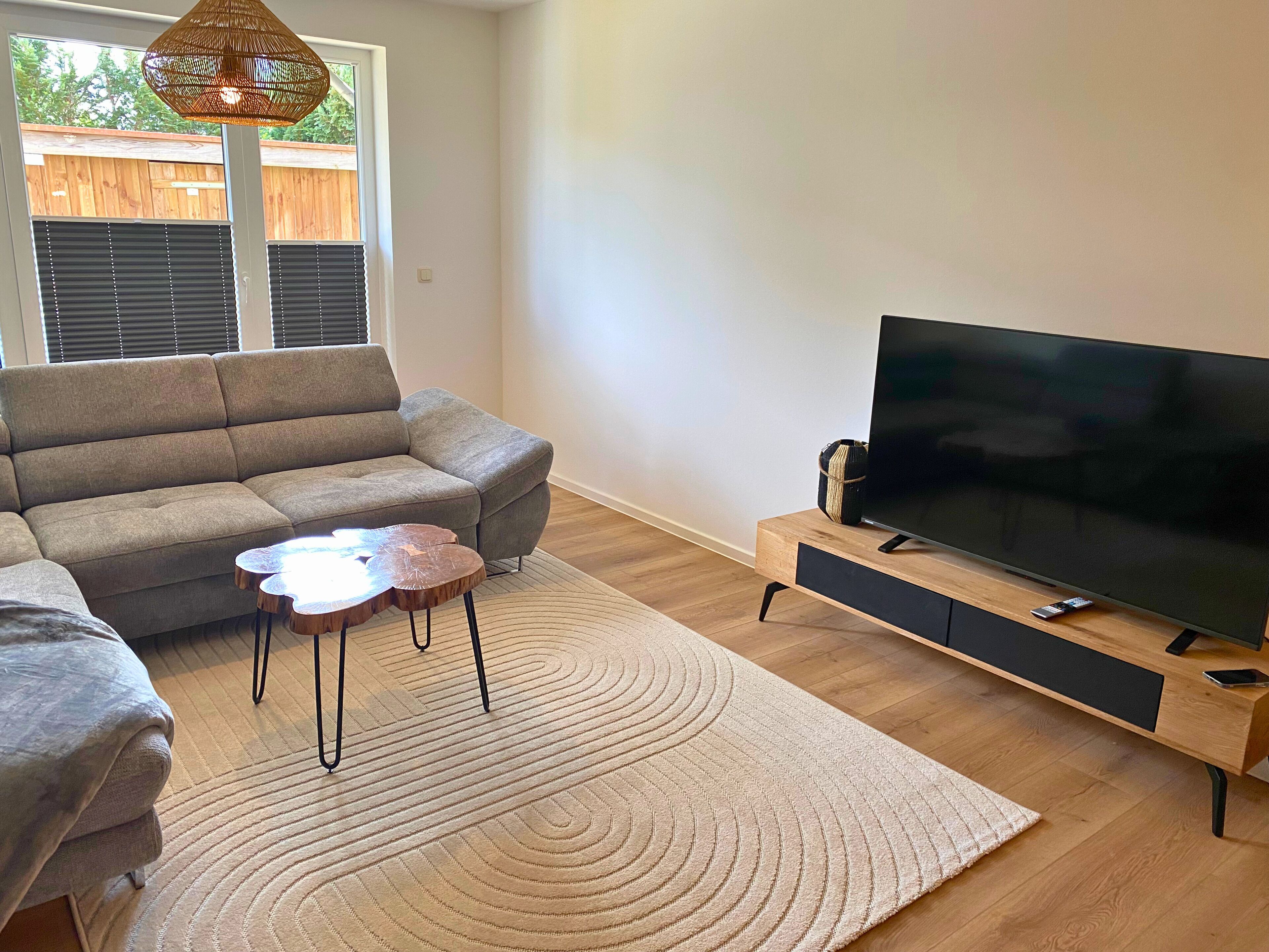 A living room with a grey sofa, a wooden coffee table, a TV on a wooden stand, and a large rug.