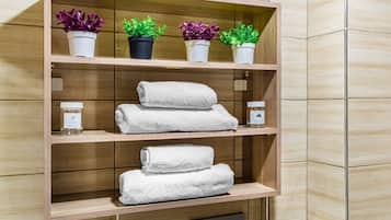 Shower, free toiletries, hair dryer, towels