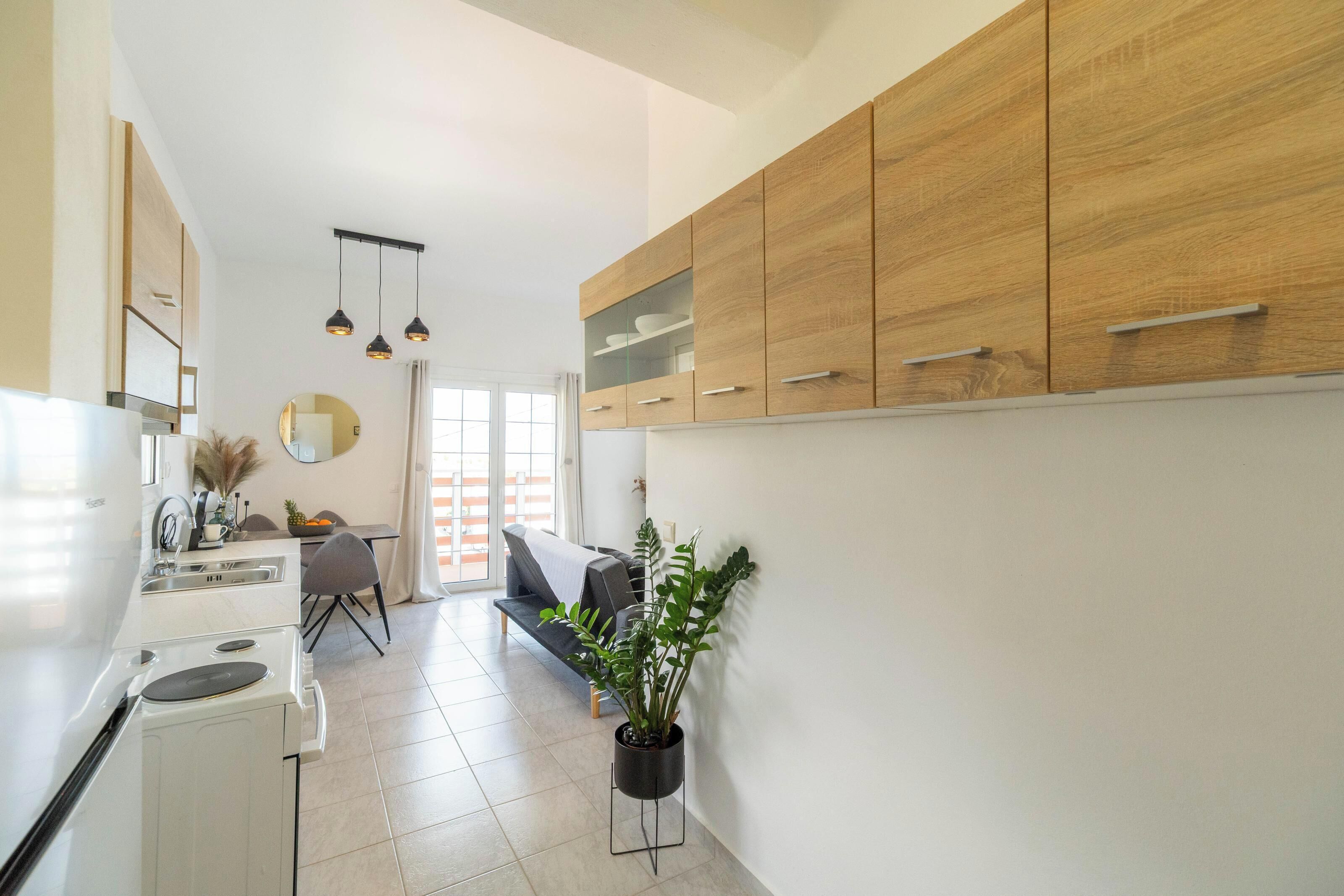 Una cocina moderna con armarios de madera, un espacio comedor con sofá y una planta en maceta.