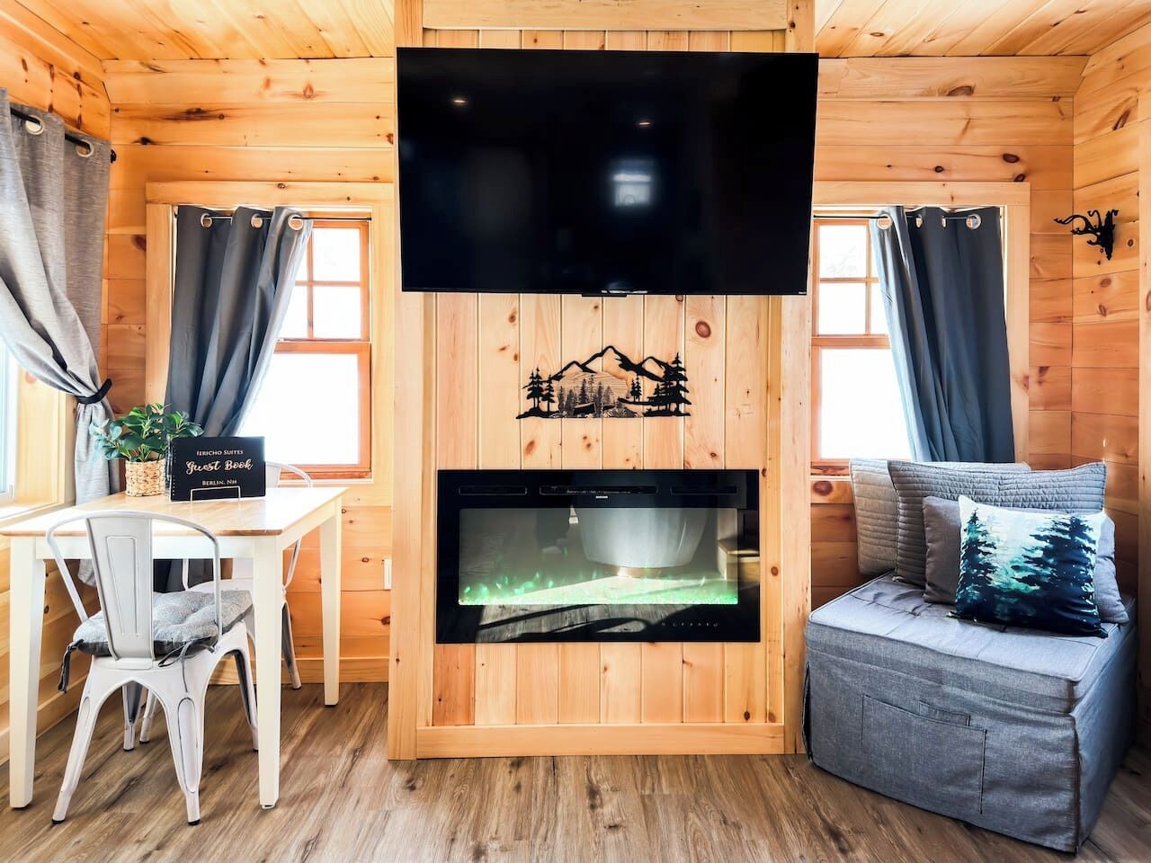 Smart TV, fireplace, books