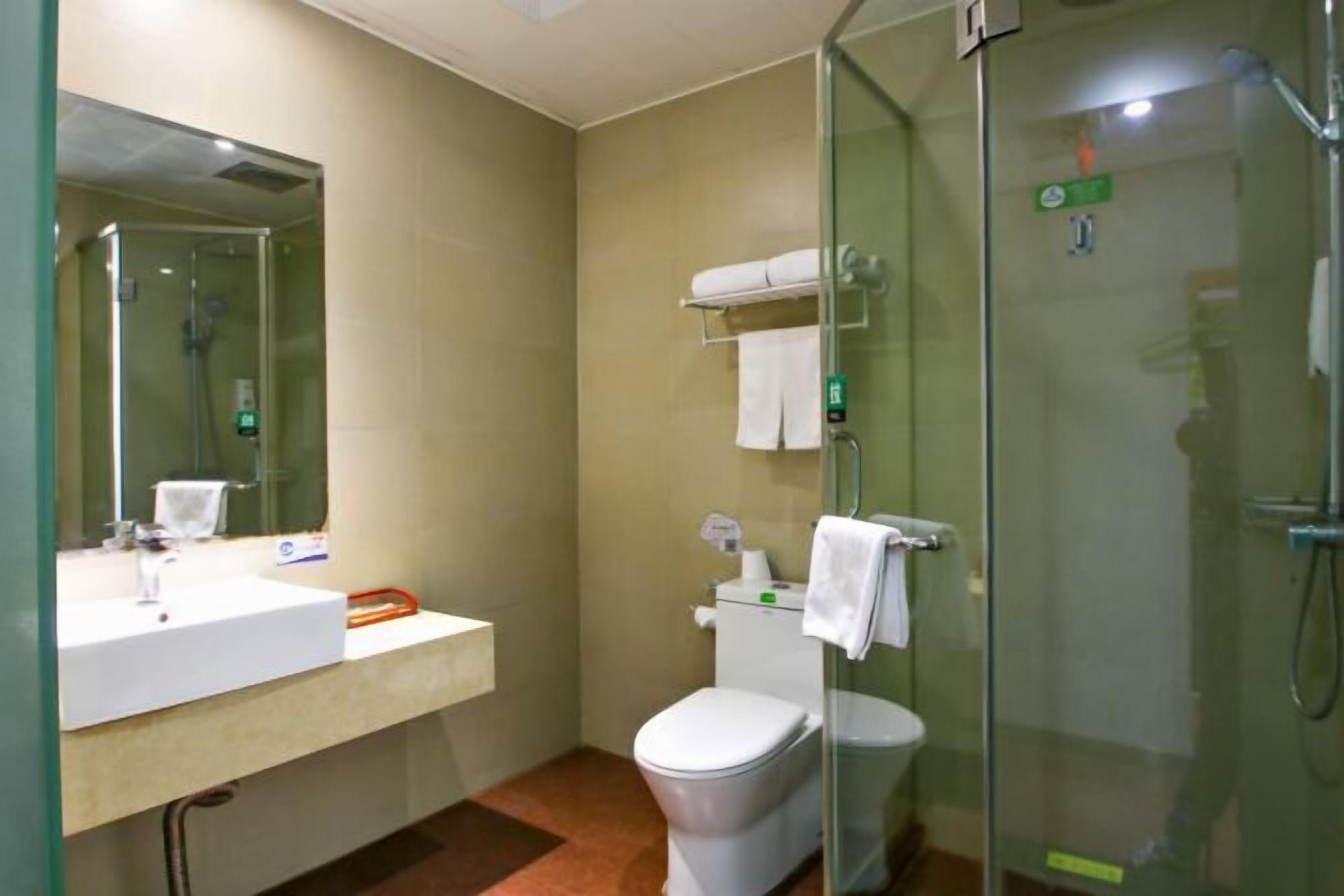 A modern bathroom with a glass shower enclosure, a white sink, and a toilet.
