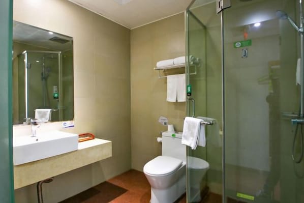 Ein modernes Badezimmer mit Duschkabine aus Glas, einem weißen Waschbecken und einer Toilette.