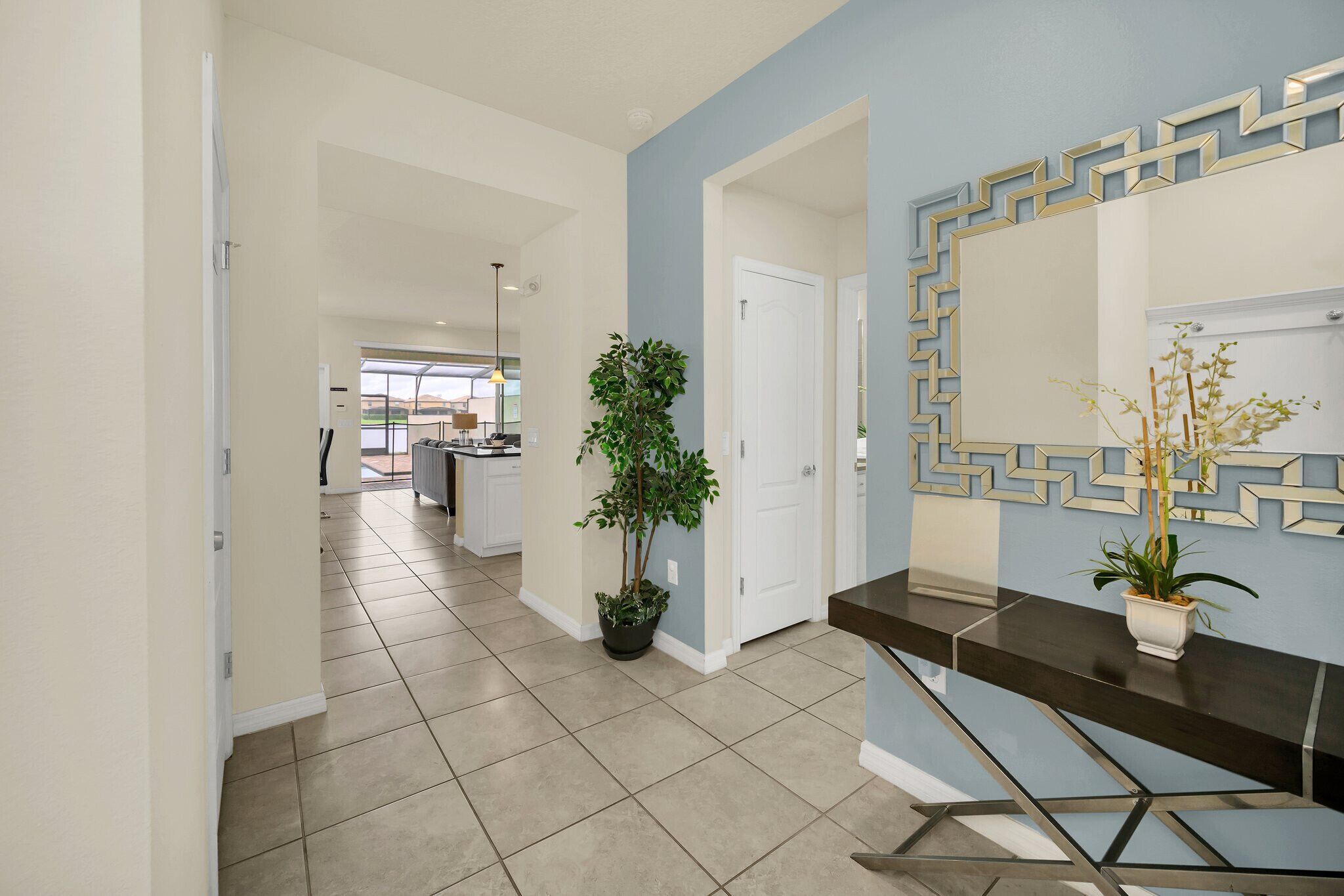 A modern hallway with a potted plant, a decorative mirror, and a sleek console table.