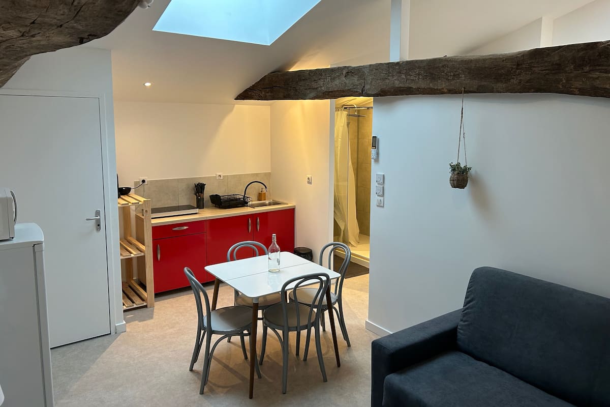 Un espace de vie compact comprenant un coin repas, une kitchenette et une douche.