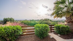 A wooden bench with a gravel path, surrounded by green shrubs and a palm tree, overlooking a scenic landscape. - Villa Pleiades - sea views, private pool & hot tub (Kouklia)