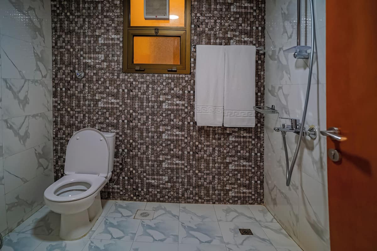 A bathroom with a toilet, shower, and a tiled wall with a geometric pattern.