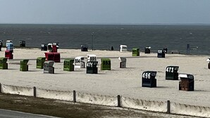 Een strand met genummerde afvalbakken en een hek op de voorgrond.