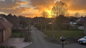 Een woonstraat met huizen, een boom en een lantaarnpaal.