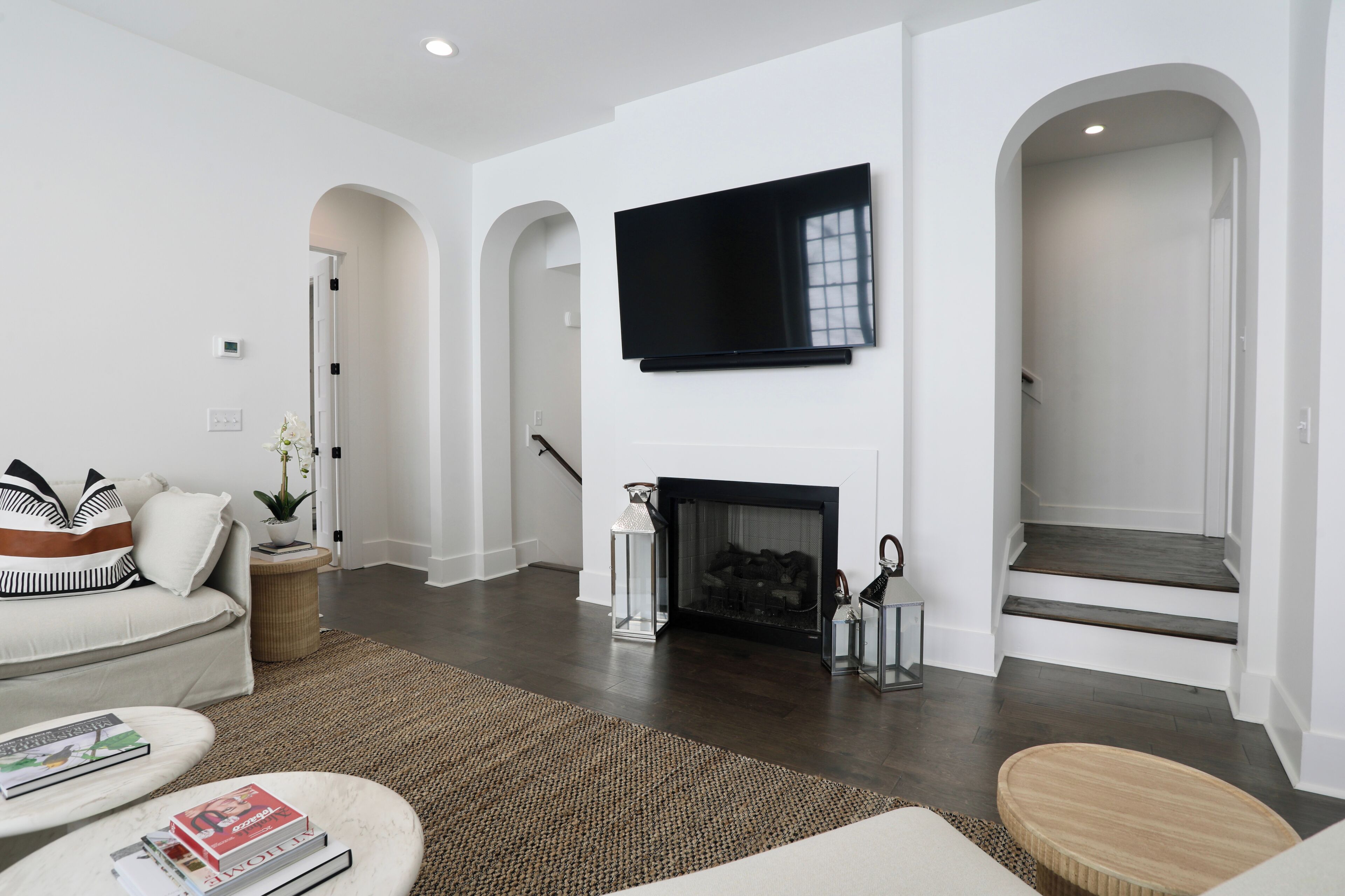 Smart TV, fireplace, books