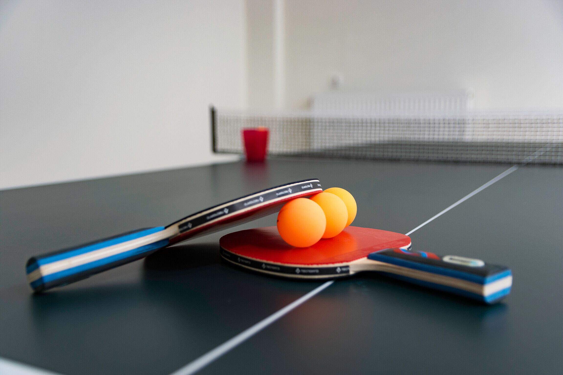 A table tennis table with a paddle and two balls.