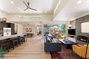 Smart TV, fireplace, books