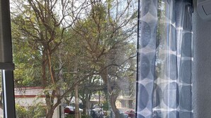 A room with a large window overlooking a street with cars and trees.