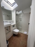 Un baño con tragaluz, lavamanos, inodoro y ducha.