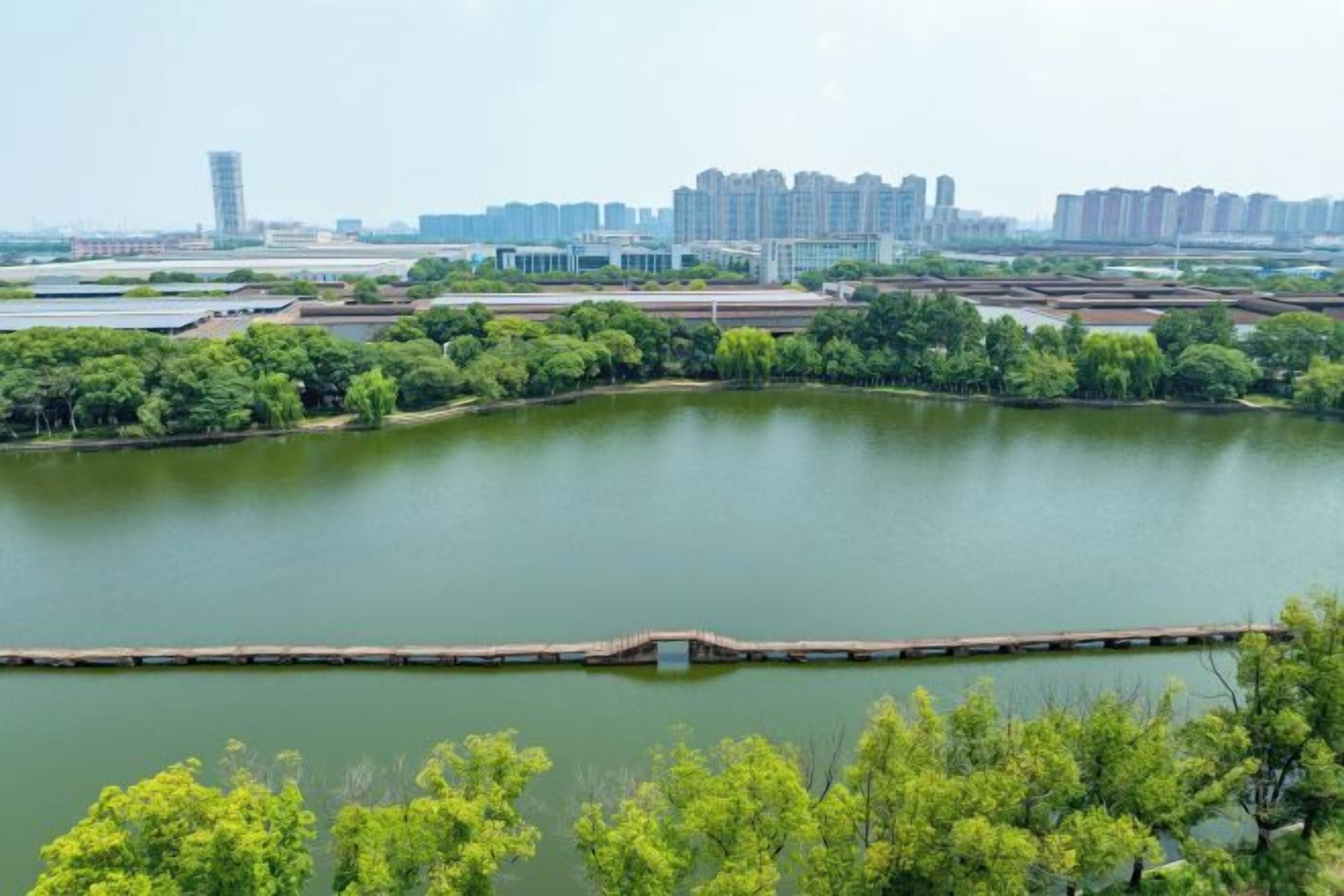 A large body of water surrounded by greenery and urban buildings in the background.