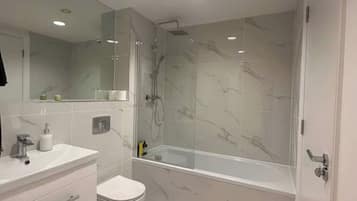 Shower, towels, soap, shampoo
