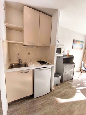 Fridge, microwave, stovetop, coffee/tea maker