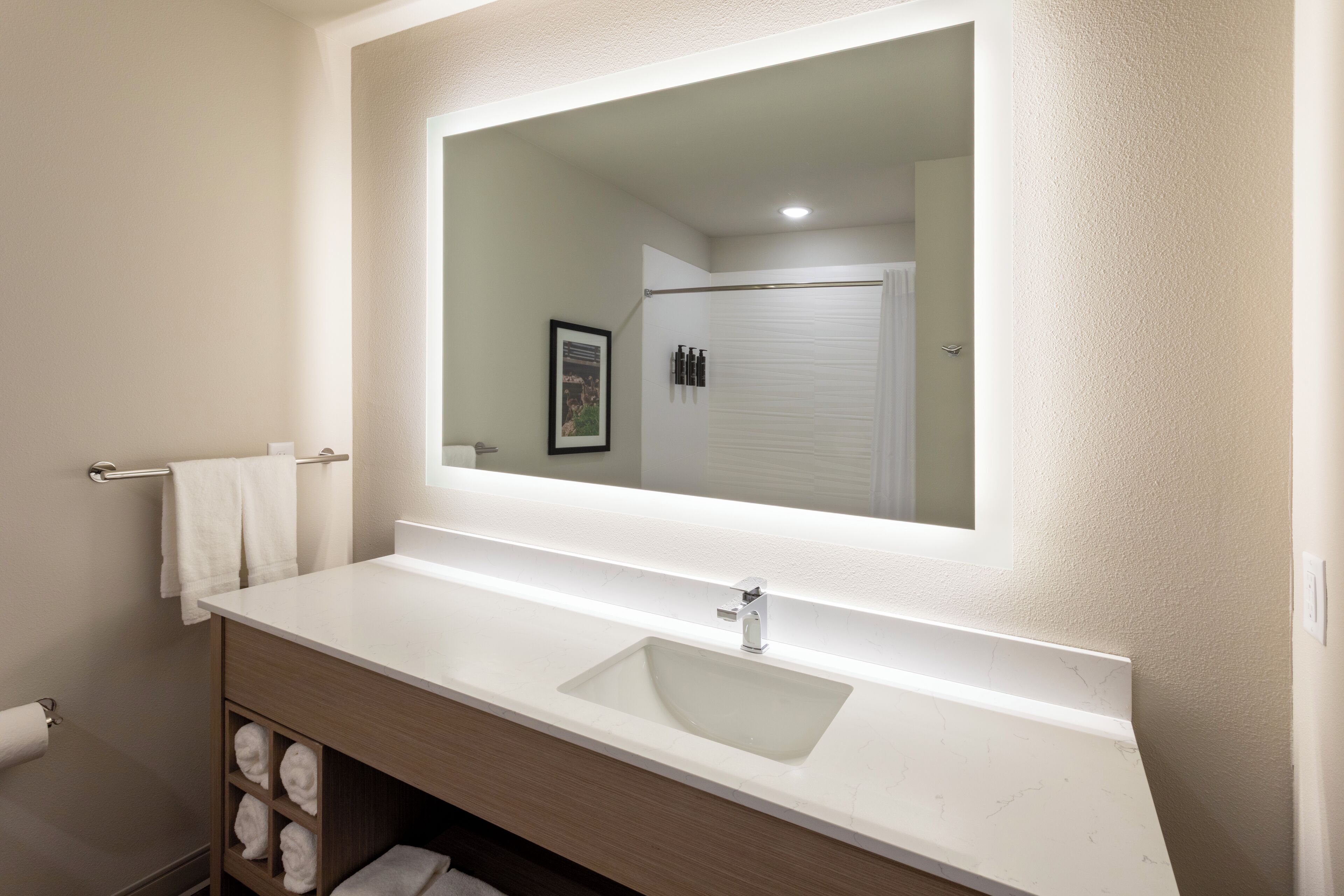 A bathroom with a white sink, a large mirror, and a towel rack.