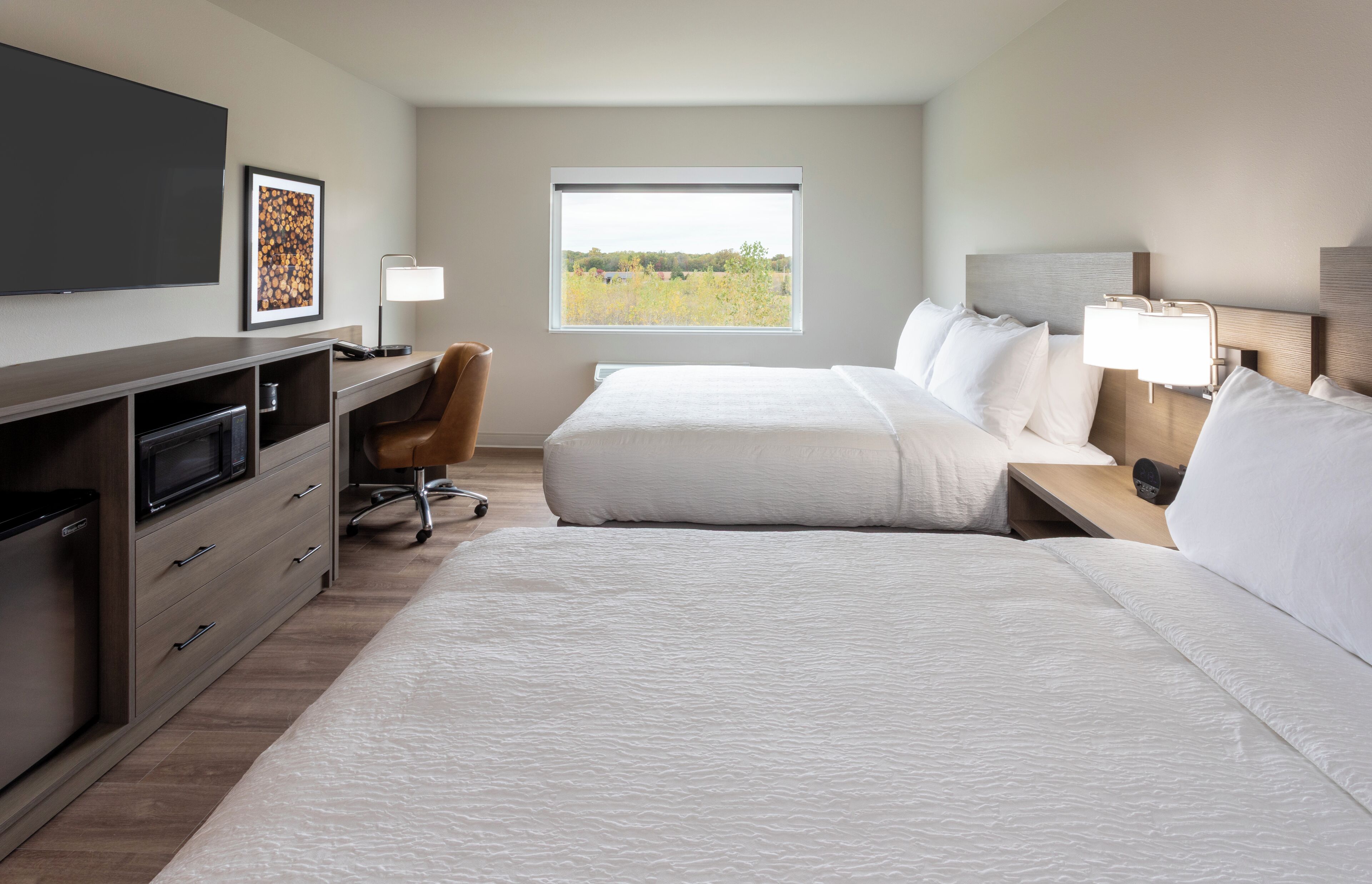 A hotel room with a large bed, a desk with a chair, a TV, and a window with a view of trees.