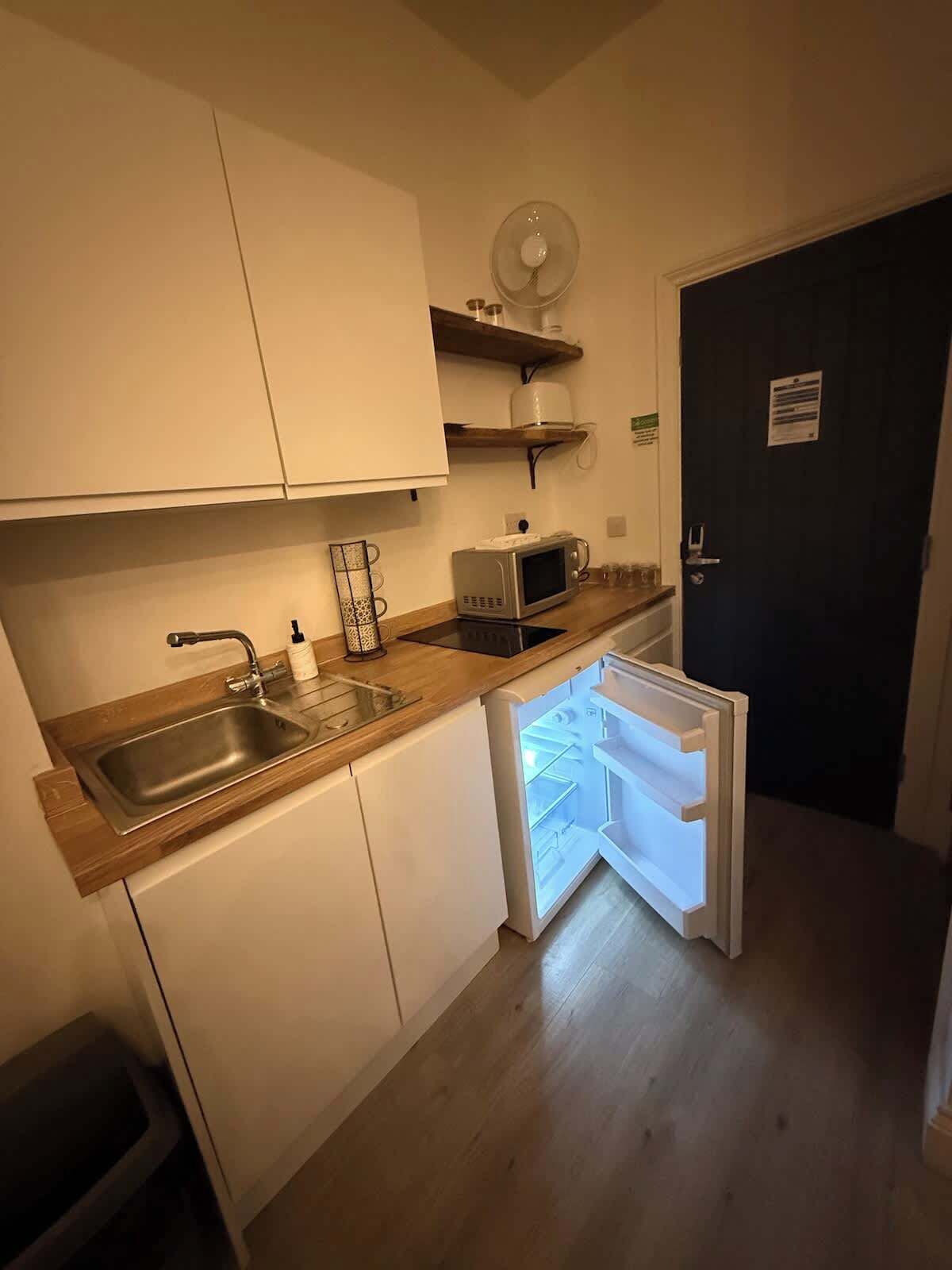 Kühlschrank, Mikrowelle, Herdplatte, Toaster