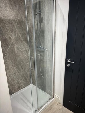 Shower, hair dryer, towels, toilet paper